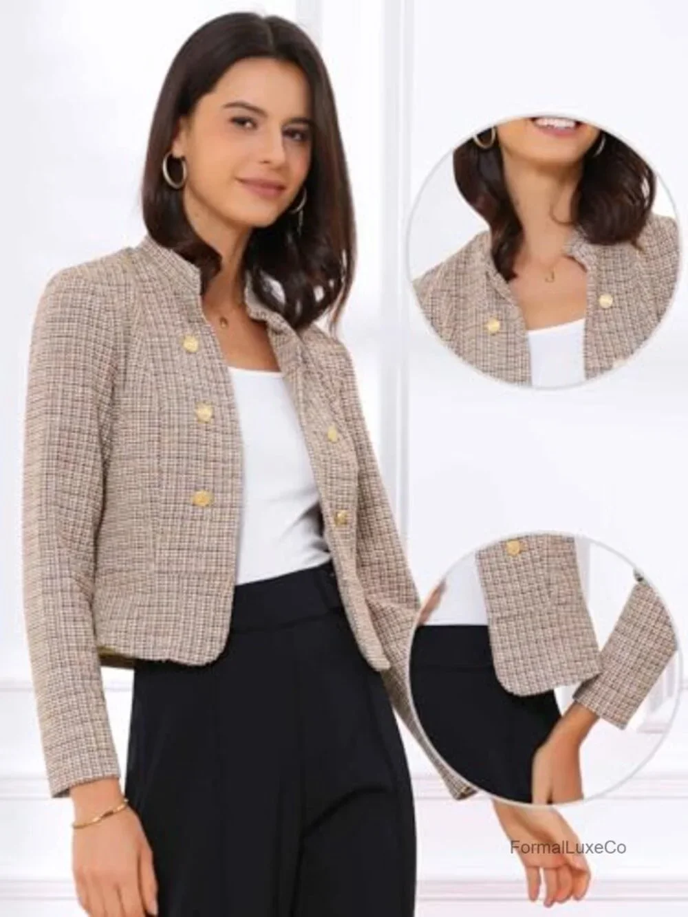Vintage Tweed Cropped Blazer Stand Collar Open Front Business Casual Pull On